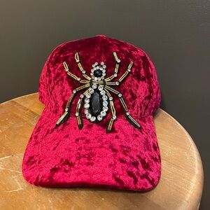 🕷️✨Red Velvet Cap with Beaded Spider Design 🕷️
